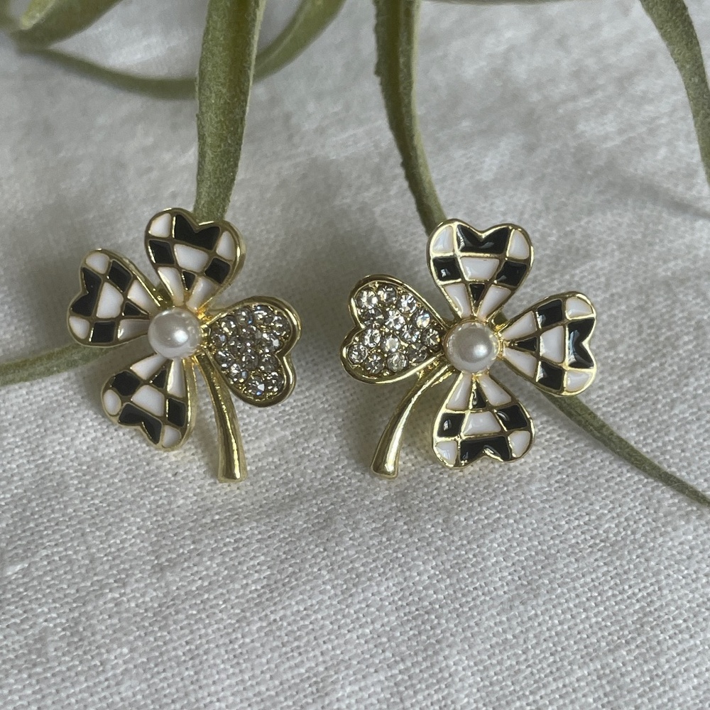 🌟Buy 2 Pairs, Get One Free, NWT Black and White 14K Gold-Plated Clover Earrings